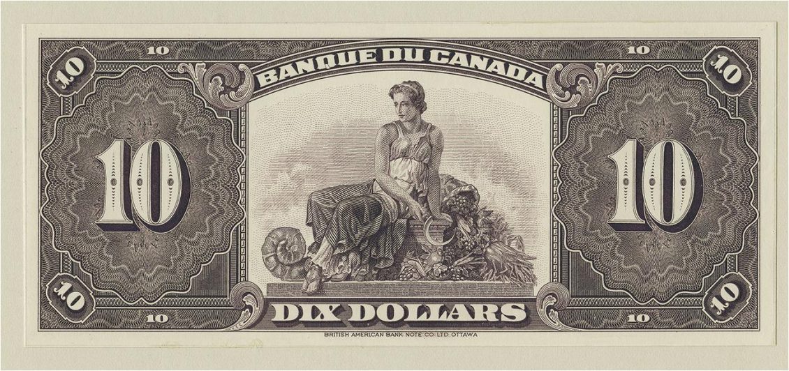 Bank note, design test, elaborate geometric patterns, robed woman with scythe and harvest vegetables.