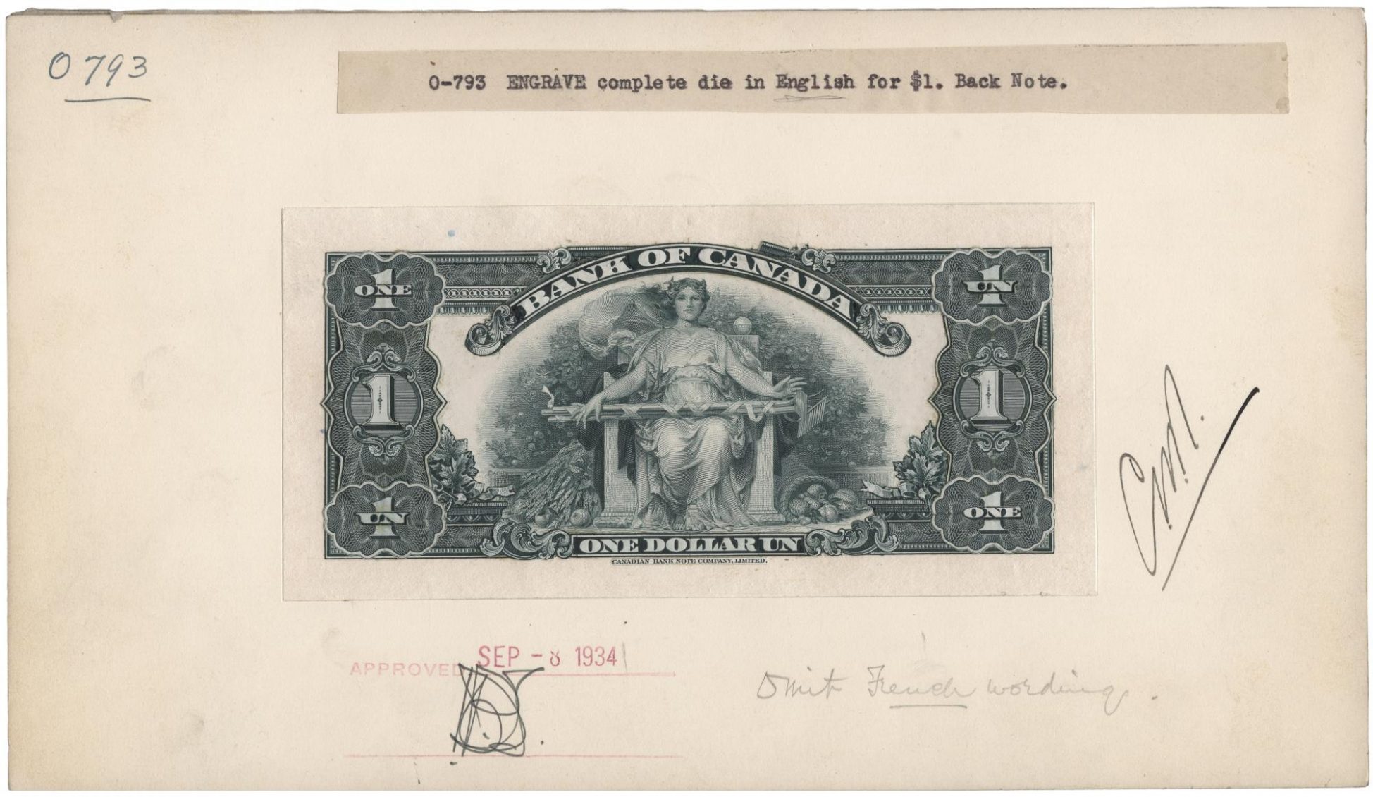 Bank note, design test, elaborate geometric patterns, robed woman in throne with gardening tools.