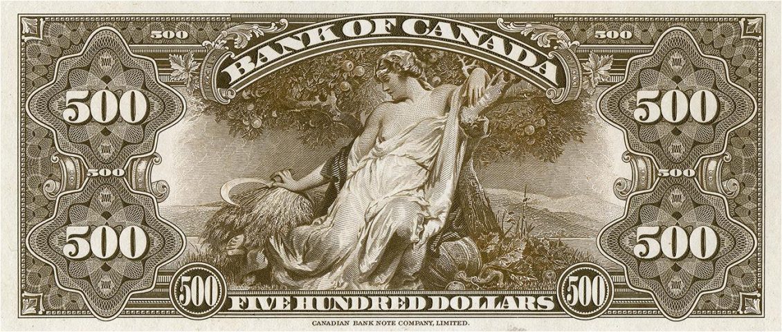 Bank note, design test, elaborate geometric patterns, robed woman under tree with produce from the harvest.