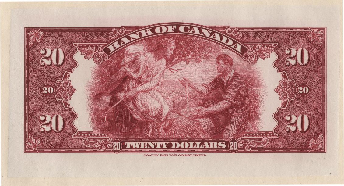 Bank note, illustration, rural landscape, woman in robe with man in farm clothes pouring grain from his hand.