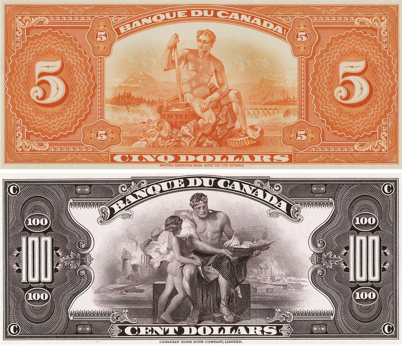 Two bank note design tests, one with a man in front of a hydroelectric dam, the other with a man and boy in an industrial landscape.