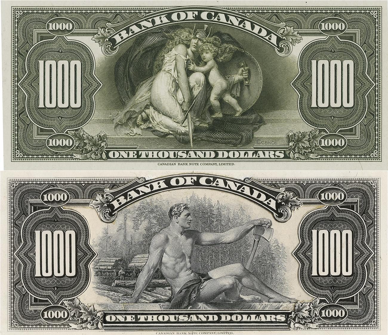 Bank notes, 2, top, semi-nude man with an axe in a forest scene; bottom, woman with sword, shield and baby.