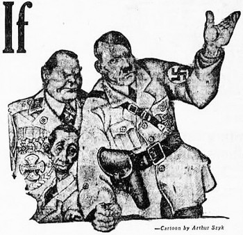 Illustration of caricatures of 3 men in army officer uniforms depicting Hitler, Goebbels and Göring.