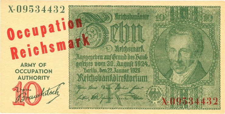 Bank note with German calligraphy and an image of man wearing a high collar and cravat-style bow tie.