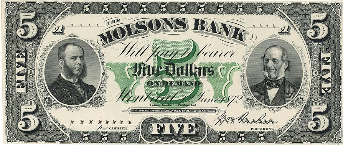 Bank note, old fashioned with portraits of two men in bow ties and high collars.