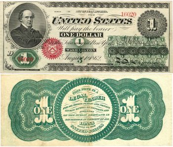 Bank note with black ink on front and elaborate geometric patterns in green on back.