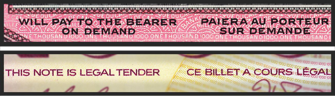 Bank note words Close-ups of 2 bank notes showing legal tender statements.