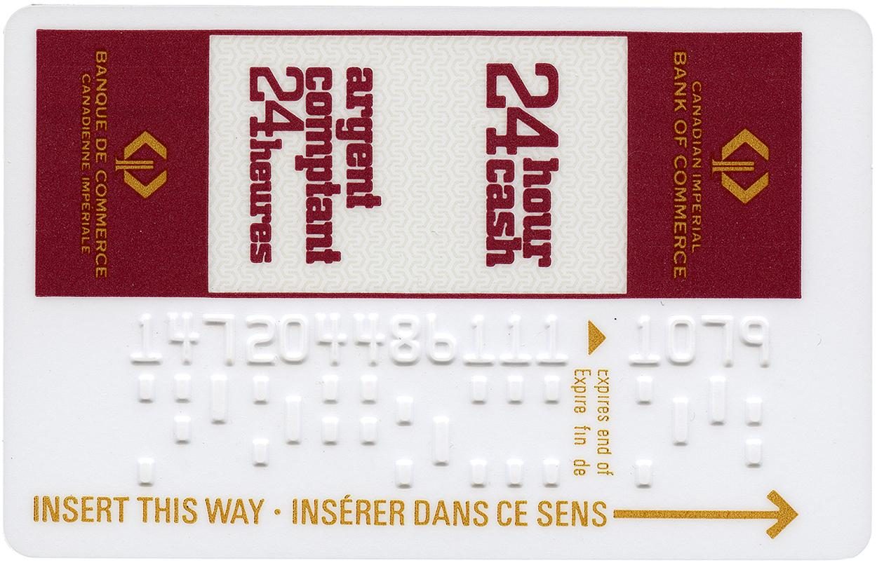 Plastic card with bank logo and numbers in raised letters.