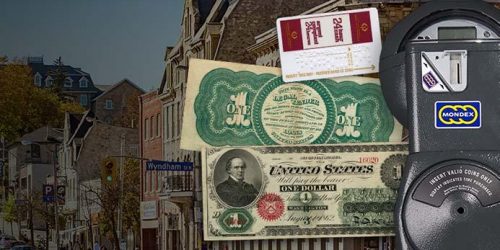 Photo collage, parking meter, old bank notes and an early bank card.