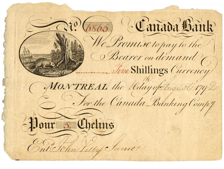 Bank note, cream colour, illustration of a beaver and decorative printing like handwriting.