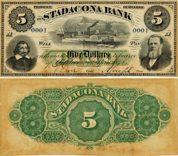 Bank note, two sides, engravings of two men and one steamboat, with elaborate geometric patterns on the back.