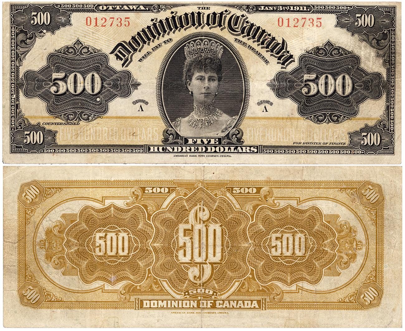 Bank note, two sides, engraving of woman in a crown and with elaborate geometric patterns on the back.