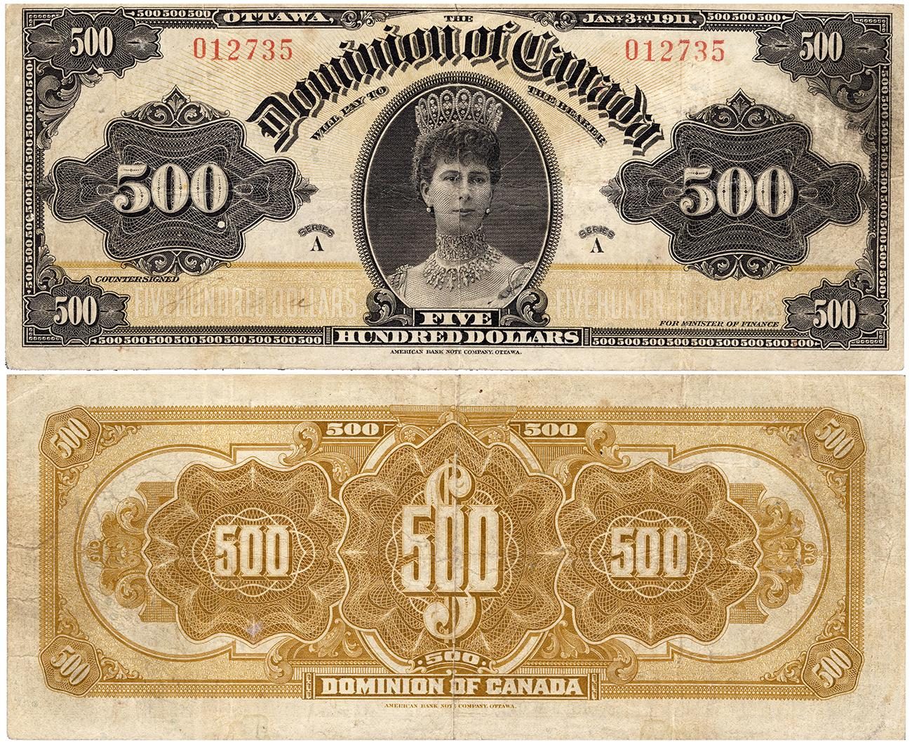Bank note, two sides, engraving of woman in a crown and with elaborate geometric patterns on the back.