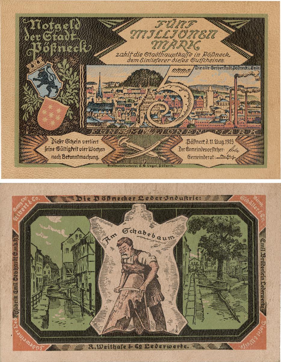 Money printed on leather, scenes of an industrial town featuring a carpenter.