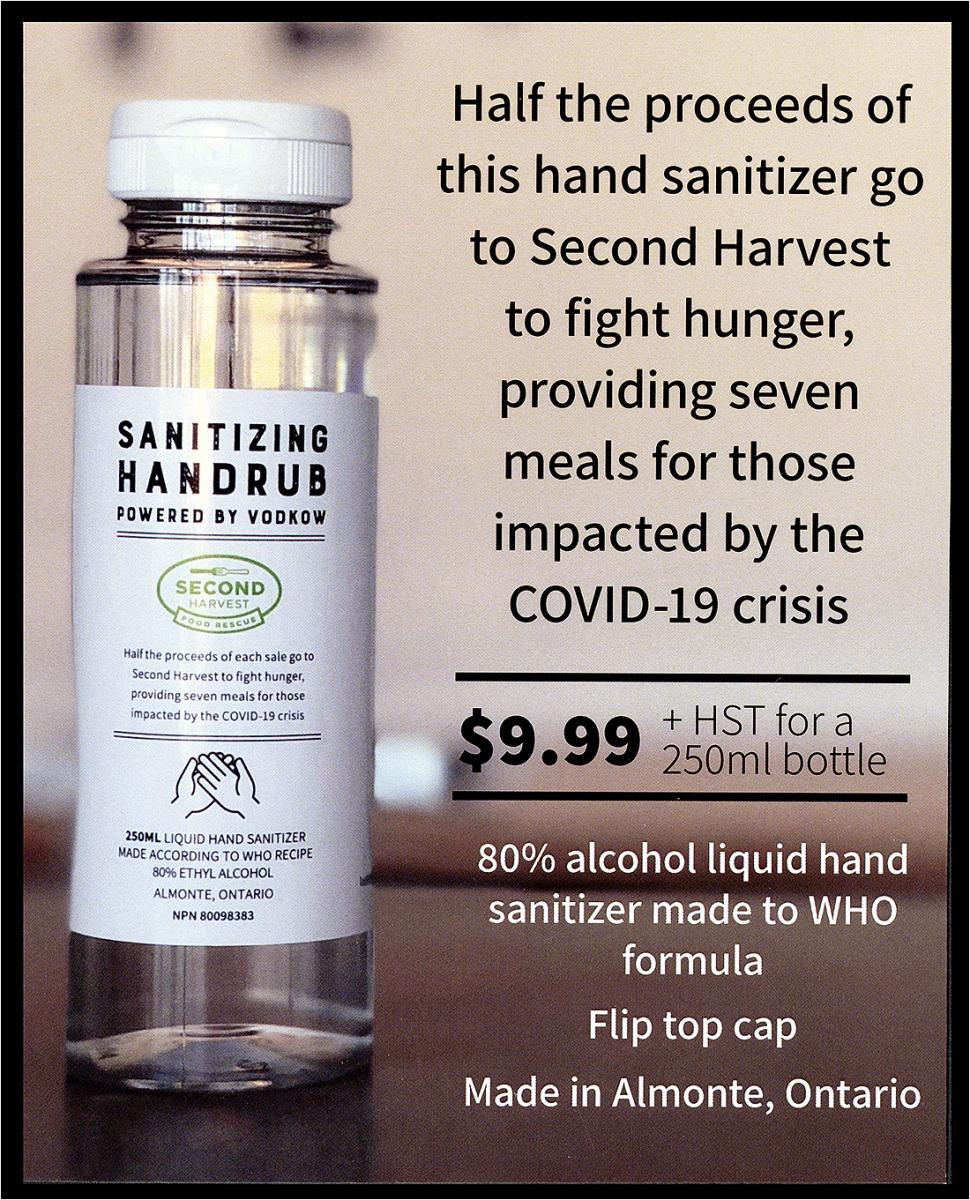 Advertisement, bottle of clear liquid, copy saying half proceeds of sales goes to a food bank.
