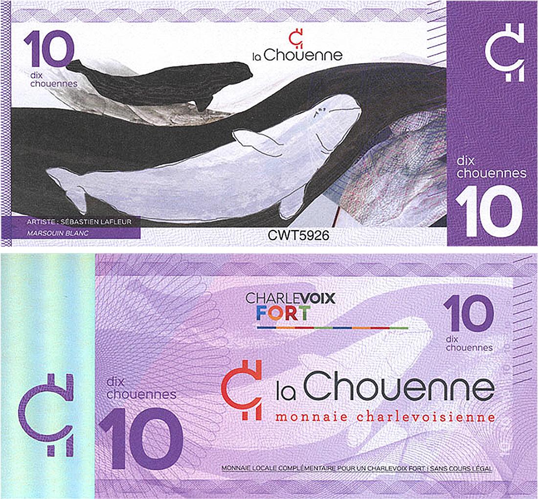 Paper money, purple, beluga whales, abstract patterns.