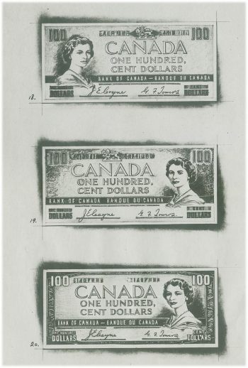 Three bank note designs, hand drawn in pencil.