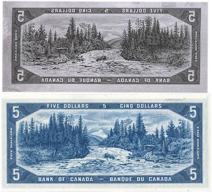 Metal printing plate, mountain river scene and the final print in blue.