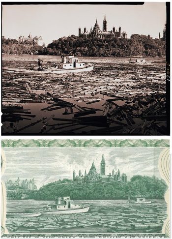 Two images, a photograph and an engraving of the same scene: a river choked with logs with two tugboats.