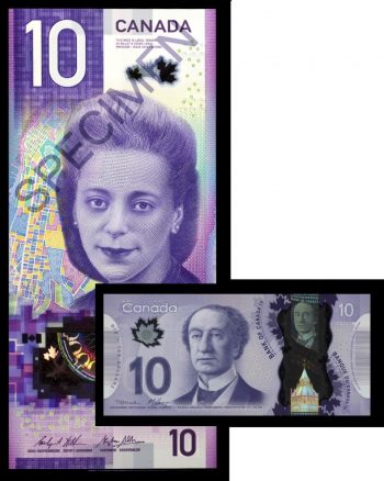 Bank note, vertical, young woman beside a map. Bank note, horizontal, balding man in high collar.