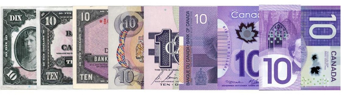 Nine overlapped purple bank notes showing the left third of each.
