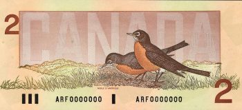 Bank note, pink, two birds with red breasts and grey backs in a prairie landscape.