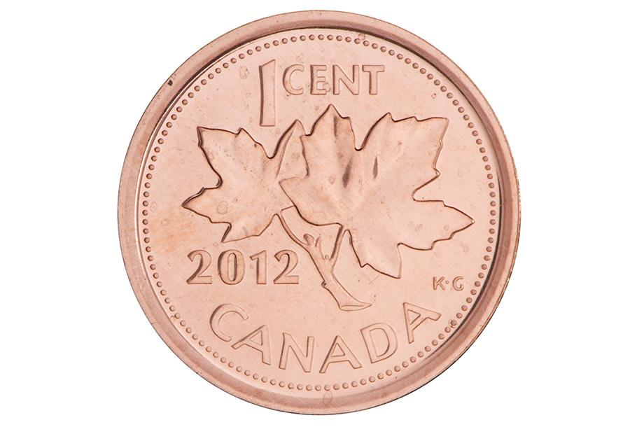 Coin, copper colour, two maple leaves and a year.