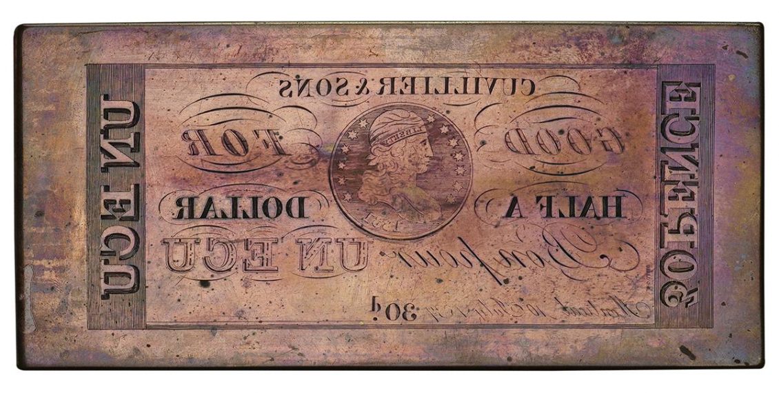 Printing plate, copper with engraving of a backward bank note design.