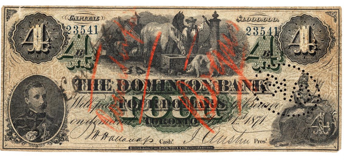 Bank note, yellowed, worn, faded print, farm scene.