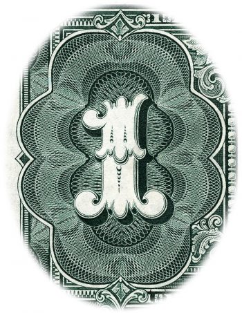 Bank note denomination, extremely elaborate geometric designs in repeating forms.