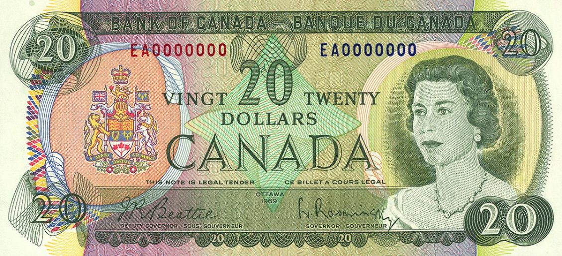 Bank note, green and purple, geometric patterns and portrait of middle-aged woman in pearls.