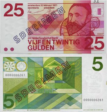 Bank notes, one pink, one green, flowing lines and angular geometric patterns in boxes.