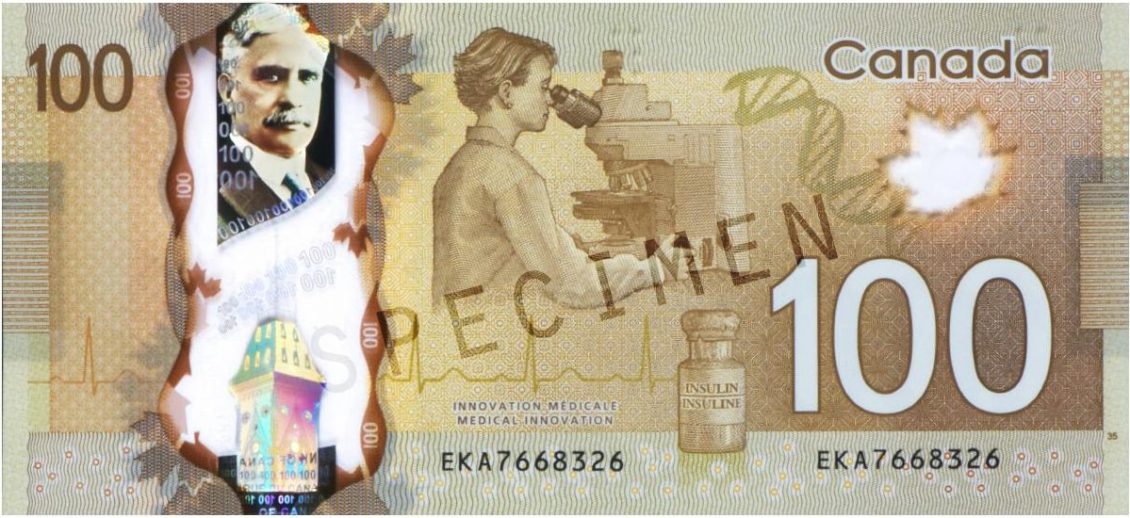 Bank note, brown, vertical clear window with metallic portrait and building in it.