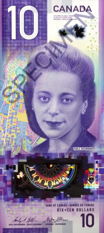 Bank note, vertical, purple, with young woman over a map of Halifax.