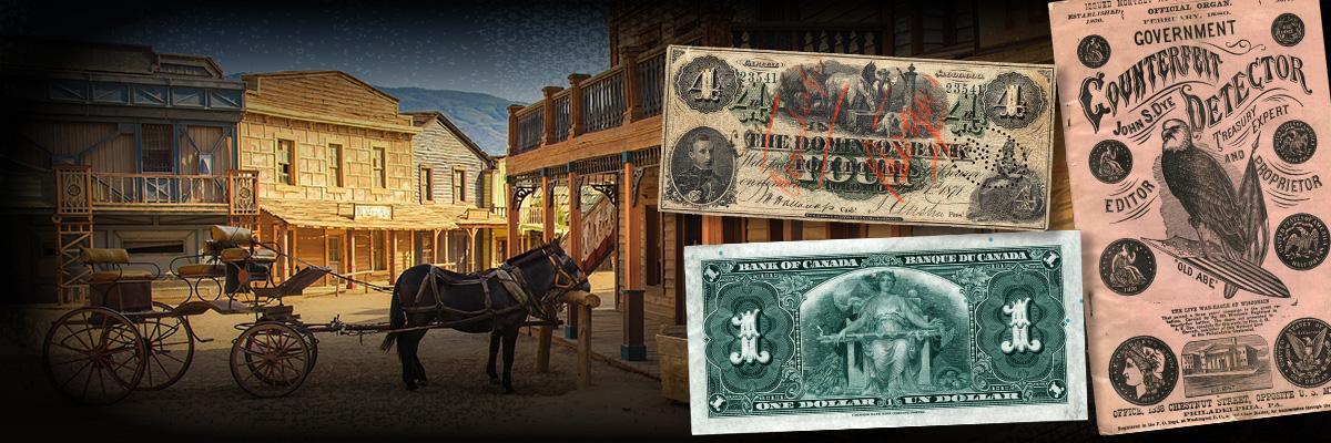 Collage, photo of wild west street, old bank notes, old counterfeiting brochure.
