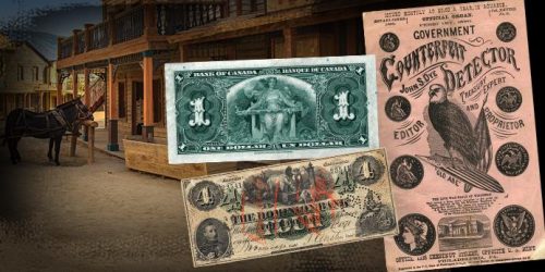 Collage, photo of wild west street, old bank notes, old counterfeiting brochure.