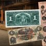 Collage, photo of wild west street, old bank notes, old counterfeiting brochure.