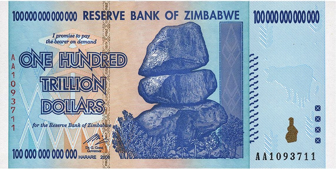 Bank note, blue, a stack of boulders.