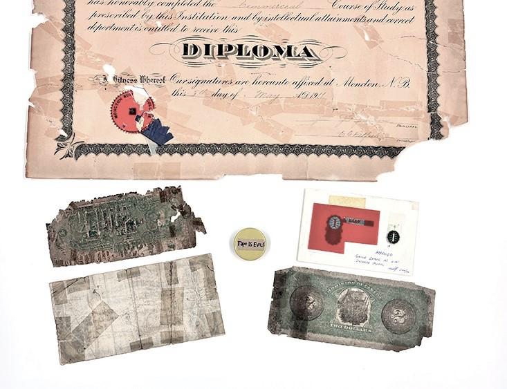 Collage, paper money and certificates in torn and deteriorated condition.