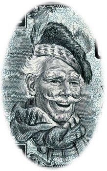 Bank note engraving, grinning white-haired man with pointed moustache, plaid scarf and a cap with a pompom.