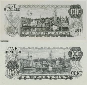 Bank note test prints, 2, a harbour with sailing ships at the wharf, one print a cropped version of the other.