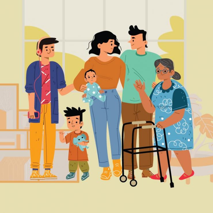 A South Asian family, a mother, father, teenage son, small child, baby and grandmother.