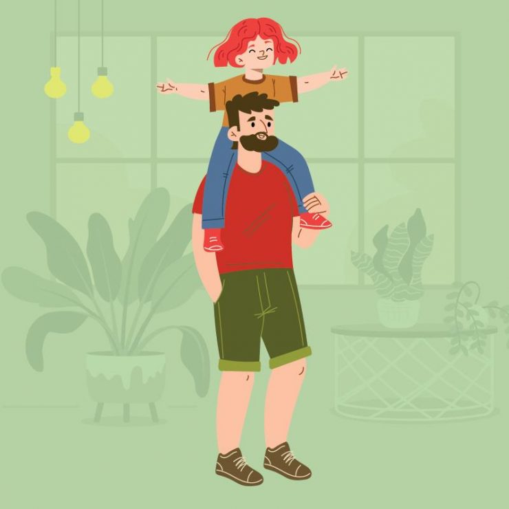 A middle-aged white father with his young daughter on his shoulders.