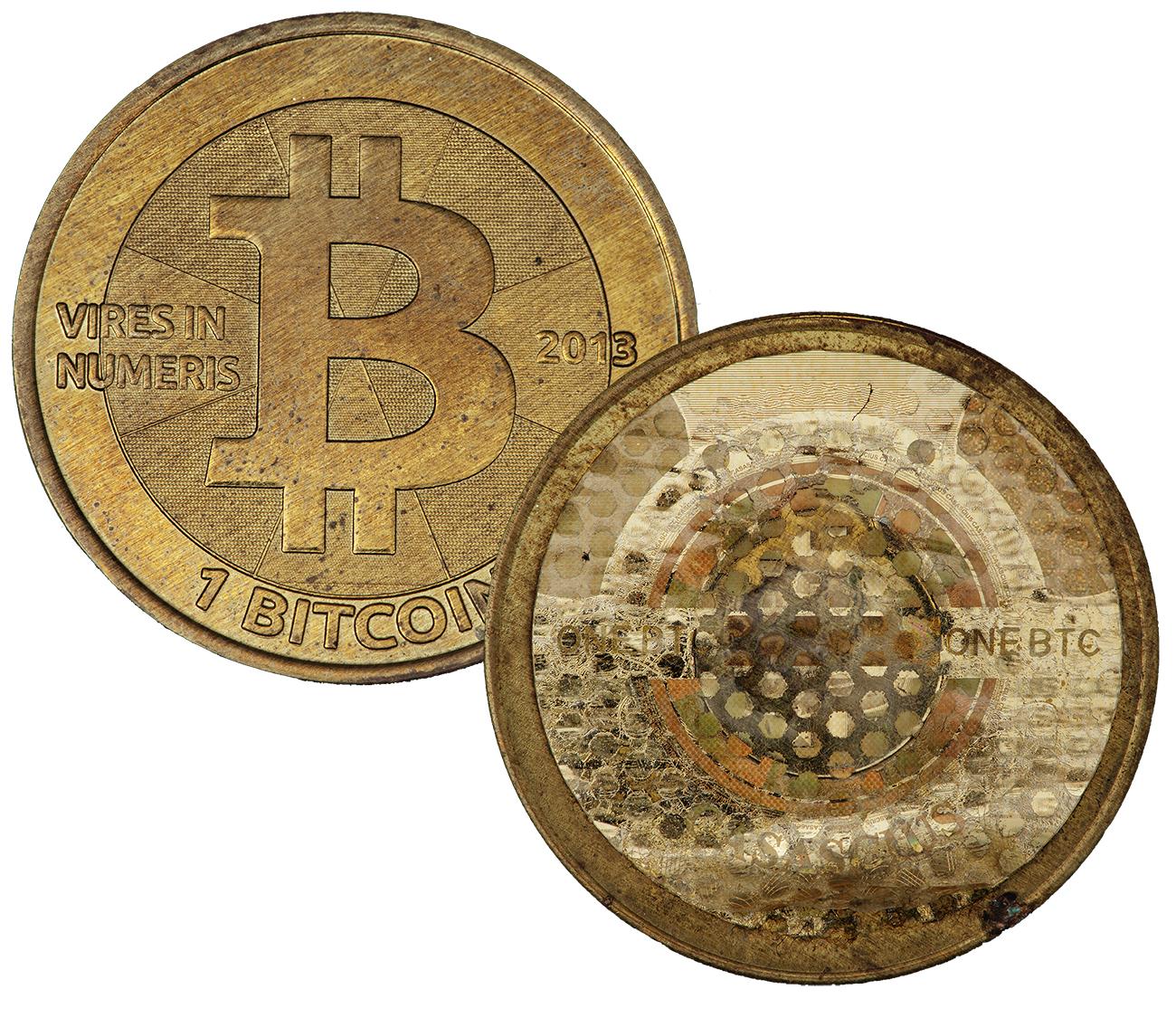 Token, round, gold colour, front: a “B” looking like a dollar sign, back: a honeycomb pattern.