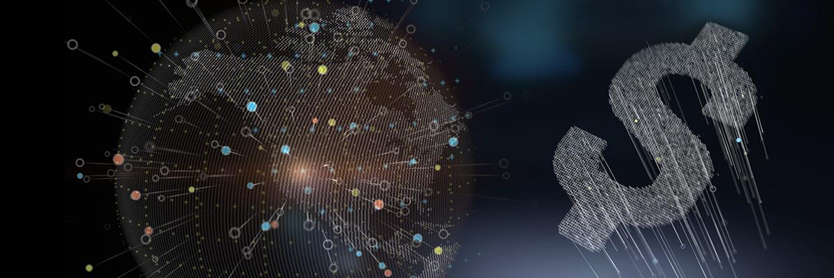 Digital illustration: a map of glowing dots and similarly made dollar sign with movement indicated.