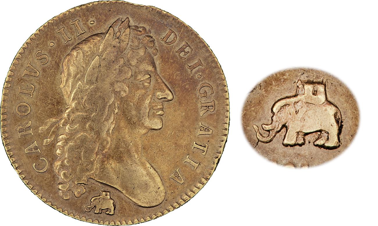 Coin, gold, profile of a man with enlargement of an elephant with a small building on its back.