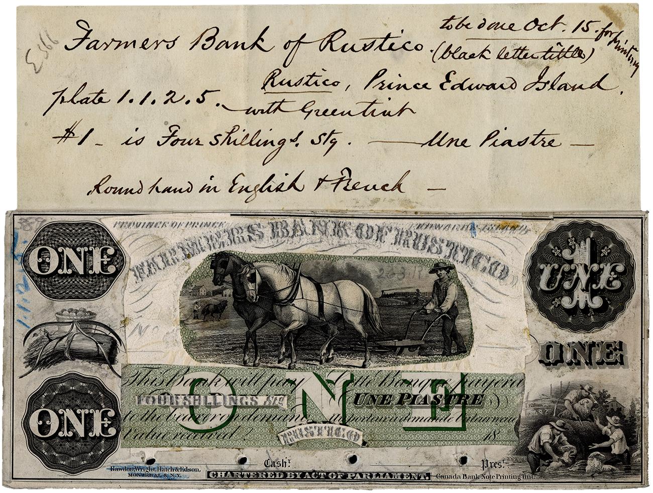 Bank note test print of agricultural images with hand-written note of printing instructions and description.