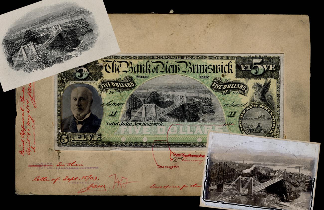 Collage, photo and engraving of bridges over a waterfall and the bank note the image appears on.