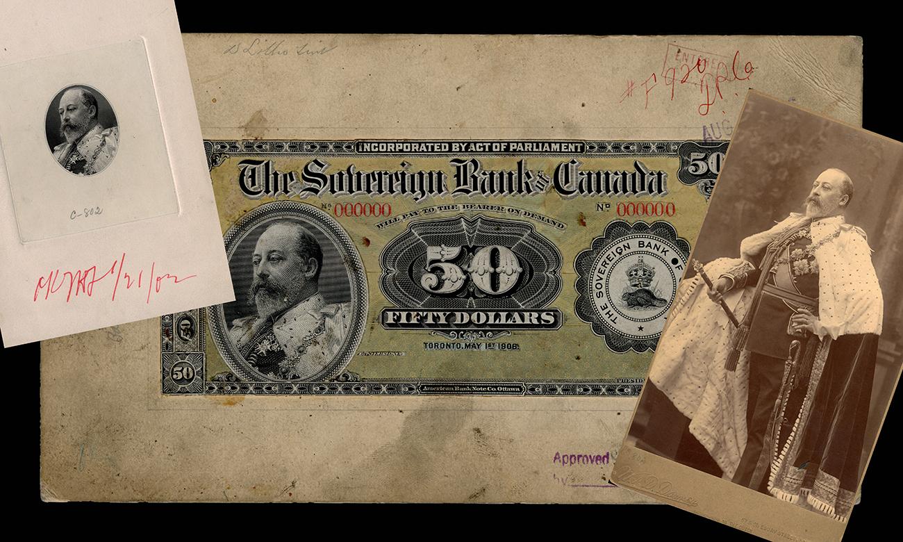 Bank note test print with original photograph and engraving of large, bearded white man in a robe, King Edward VII.