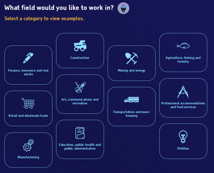 Screenshot of a quiz with the question “What field would you like to work in?”. 11 tiles are below showing different industries such as construction, mining and energy, arts and communication, retail, etc.
